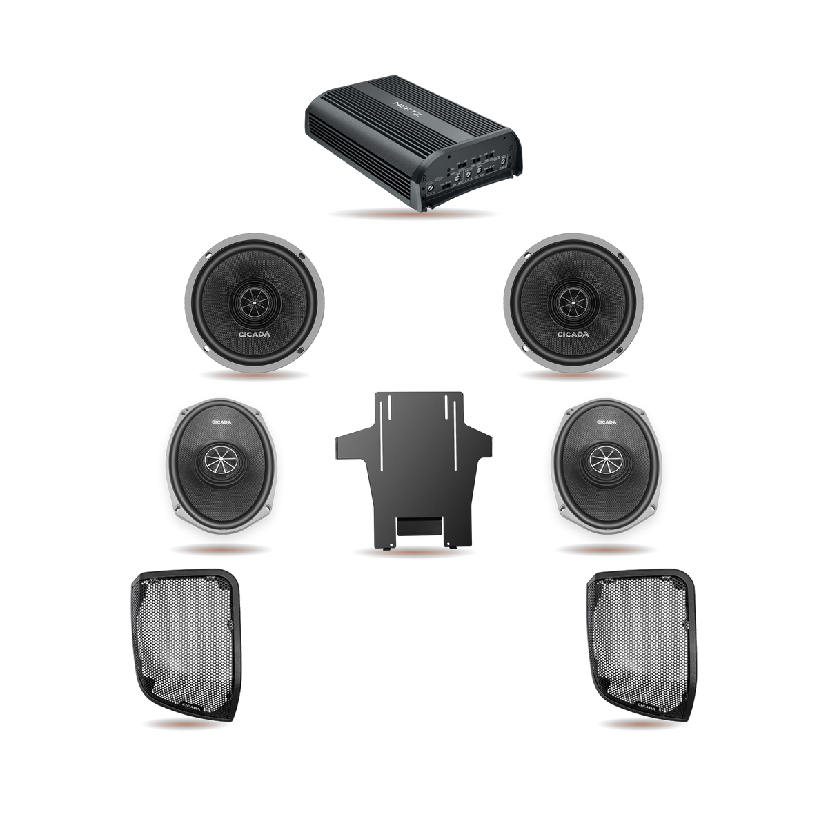 MAC HERO Set BETTER Koax für Harley Road Glide 2015-2023 – Cicada CXX65.2, CXX69.2, Hertz SP4.900, CHDLID Saddlebag-Cut-Kit, Amp-Rack